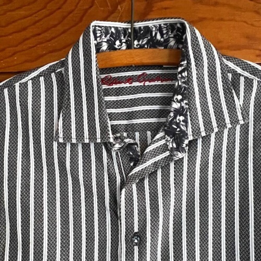 Robert Graham Shirt Flip Cuff Button Up WT/GRY Youth Shirt Large 14-16